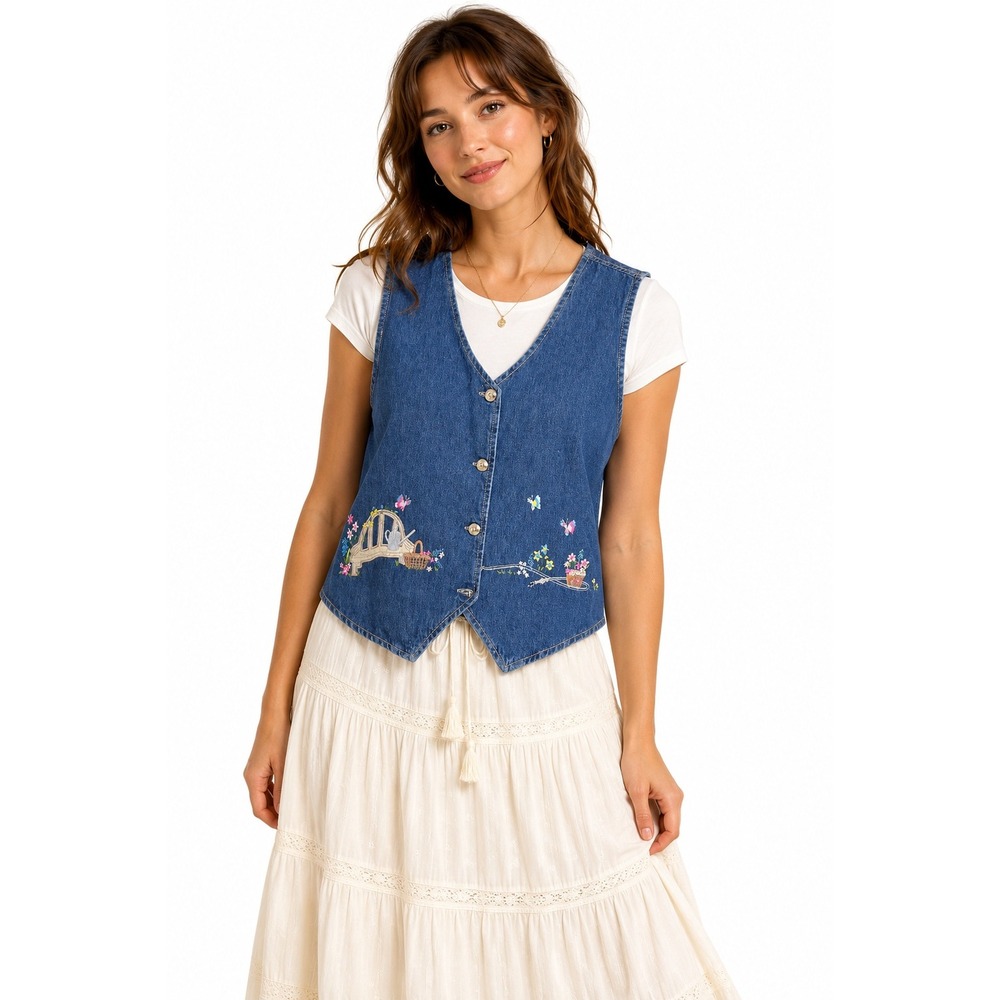 Vintage 90s Embroidered Denim Vest M Garden Floral Cottagecore Whimsical Blue